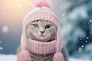 Cute cat in knitted pastel pink hat on defocused snowy winter holiday background