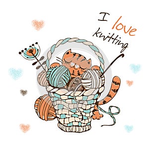 Cute cat with a large basket of balls of yarn for knitting. Vector