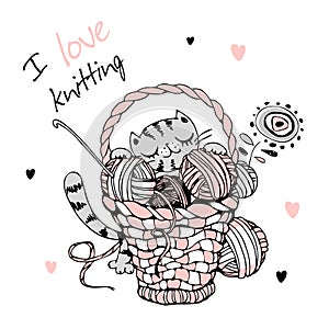 Cute cat with a large basket of balls of yarn for knitting. Vector