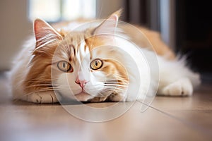 Cute cat lie down on floor with plant background