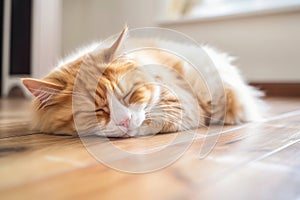 Cute cat lie down on floor with plant background