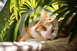 Cute cat lie down on floor with plant background