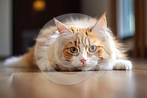 Cute cat lie down on floor with plant background