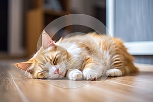 Cute cat lie down on floor with plant background