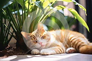 Cute cat lie down on floor with plant background