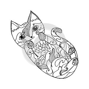 cute cat lies on its back, kitten made up of patterns and lines, coloring book for adults and children, black and white vector