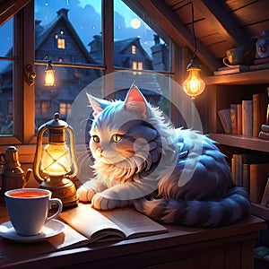 Cute cat lies and sleeps in a cozy attic at home with a cup of coffee and rain outside the window,