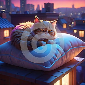 A cute cat lies and sleeps on the roof of a cozy house overlooking the night city, lofi mood, picture for relaxation