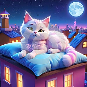 A cute cat lies and sleeps on the roof of a cozy house overlooking the night city, lofi mood, picture for relaxation
