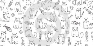 Cute cat line seamless pattern, pet doodle, cartoon animal background, funny character outline design. Fish skeleton and cat paw.