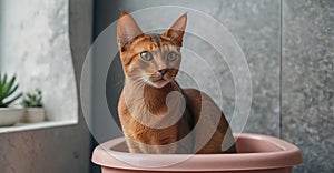 Cute cat in the litter box home clean container house privies indoor background photo