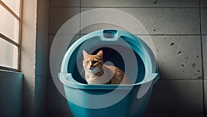 Cute cat in the litter box home clean container house indoor background privies photo