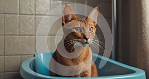 Cute cat in the litter box home clean container house privies indoor photo