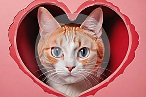 Cute cat looking out of a heart shaped hole on a background.