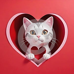 Cute cat looking out of a heart shaped hole on a background.