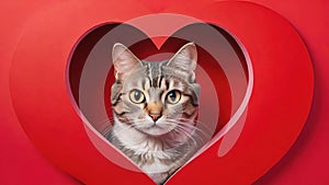 Cute cat looking out of a heart shaped hole on a background.