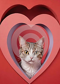 Cute cat looking out of a heart shaped hole on a background.