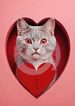 Cute cat looking out of a heart shaped hole on a background.