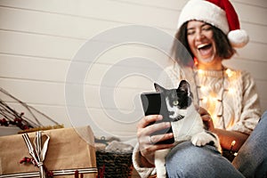 Cute cat looking at phone screen with funny emotions and sitting on happy girl legs in christmas lights. Young hipster woman in