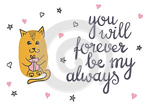 Cute cat in love romantic vector illustration.