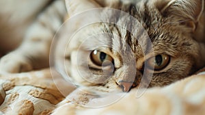 Cute cat lying on the bed at home. Shallow depth of field. photo