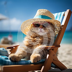 Cute cat lying on chaise lounges on a beach wearing sunglasses and a hat, AI Generated, cat vacation to beach, cat relaxing on a