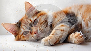 Cute Cat Lying on a White Surface with Relaxed Expression