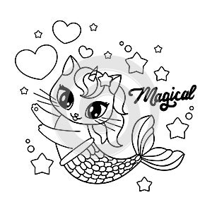 Cute cat mermaid unicorn. Black and white outline drawing. Vector