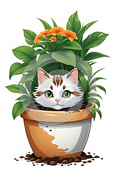 A cute cat in a middle of a pot, with dirt arounds, bold painting, t-shirt prints, animal art, white background