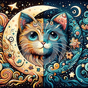 A cute cat with the moon, in a bold and abstract painting art, with magical and cute elements arounds, unique