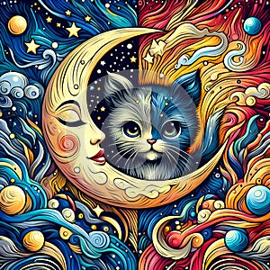 A cute cat and the moon, in two different world, with magical and cute elements arounds, bold painting, abtract art