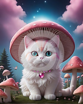 Cute cat in a mushroom hat on a background of magic forest