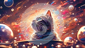a cute cat in the outer space of a parallel world