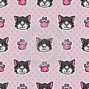 Cute cat and paw print seamless vector pattern. Hand drawn kawaii pet kitten on polka dot background. Adorable feline face with