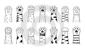 Cute cat paws. Doodle kitten and puppy limbs, wild or domestic animals furry feet with claws. Cartoon sketch of contour