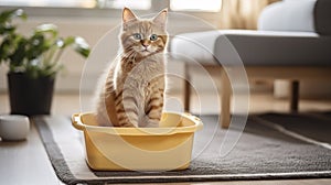 A Cute Cat Peacefully Occupying Its Litter Box in a Room\'s Warmth