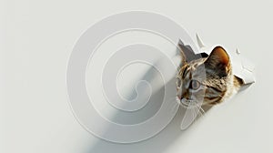 Cute cat peeking through hole in white wall. 3D rendering. photo