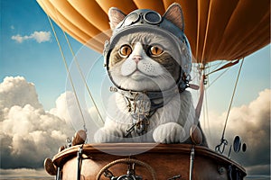 Cute cat pilot of a hot air balloon illustration generative ai