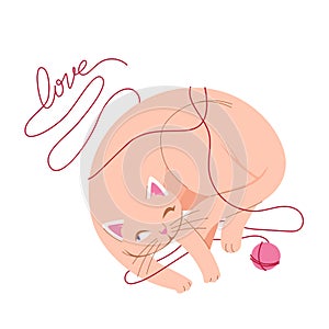 Cute cat playing with ball and wool thread with love text, adorable little kitty