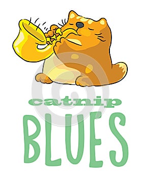 Cute cat playing catnip blues on saxophone