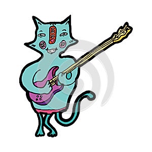 Cute cat playing a guitar. Cartoon style. Doodle vector smiling character. Pet with electroguitar for your postcard, stamp, logo