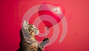 Cute cat playing with heart-shaped balloon. Red background. Valentines day greetings