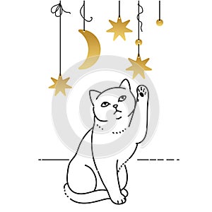 Cute cat plays with a paw with a garland. Vector illustration