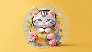 Cute cat in a pocket of clorful flowers isolated on yellow background. AI Generated