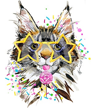 Cute Cat Portrait. Maine Coon cat. watercolor cat illustration