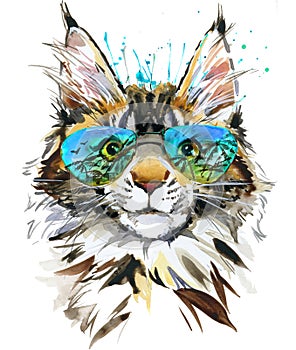 Cute Cat Portrait. Maine Coon cat. watercolor cat illustration