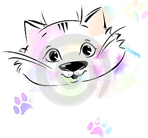 Cute Cat portrait sketch and Watercolor Background - Vector Illustration