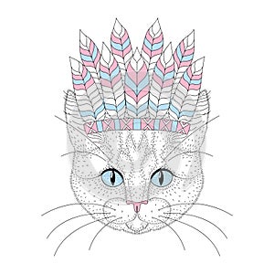 Cute cat portrait with war bonnet on head. Hand drawn kitty face