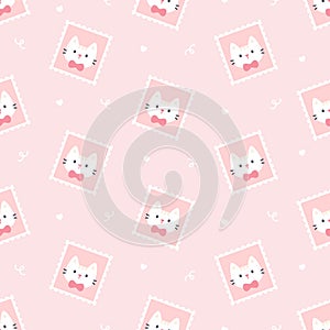 Cute cat postage stamp seamless pattern background