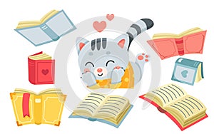 Cute cat reading book, baby kitten lying near open storybook with hearts and happy face